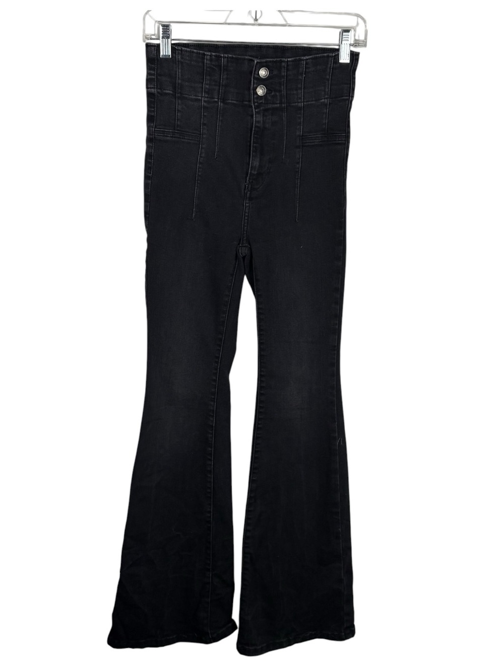 Free People Black High Waisted Exposed Button Flare Jeans 28 Stretch Denim 27
